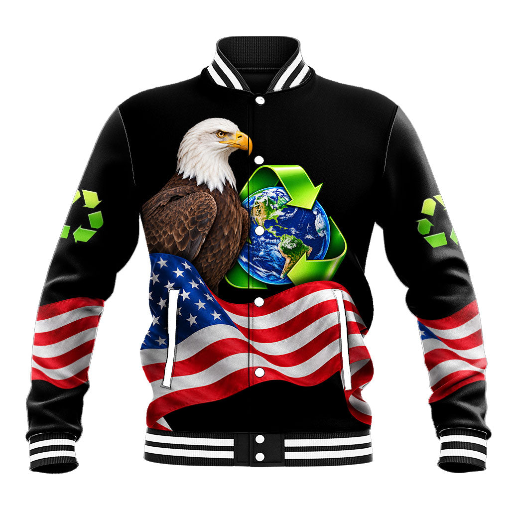 Recycling Day Bald Eagle Baseball Jacket American Flag And Earth Green Recycle