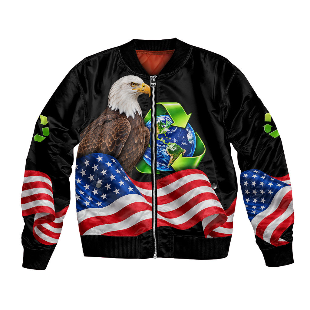 Recycling Day Bald Eagle Bomber Jacket American Flag And Earth Green Recycle