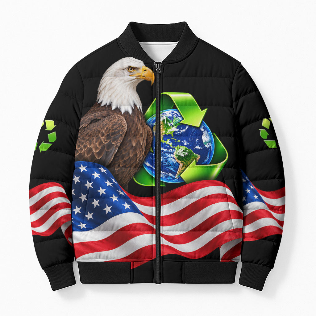 Recycling Day Bald Eagle Bomber Puffer Jacket American Flag And Earth Green Recycle