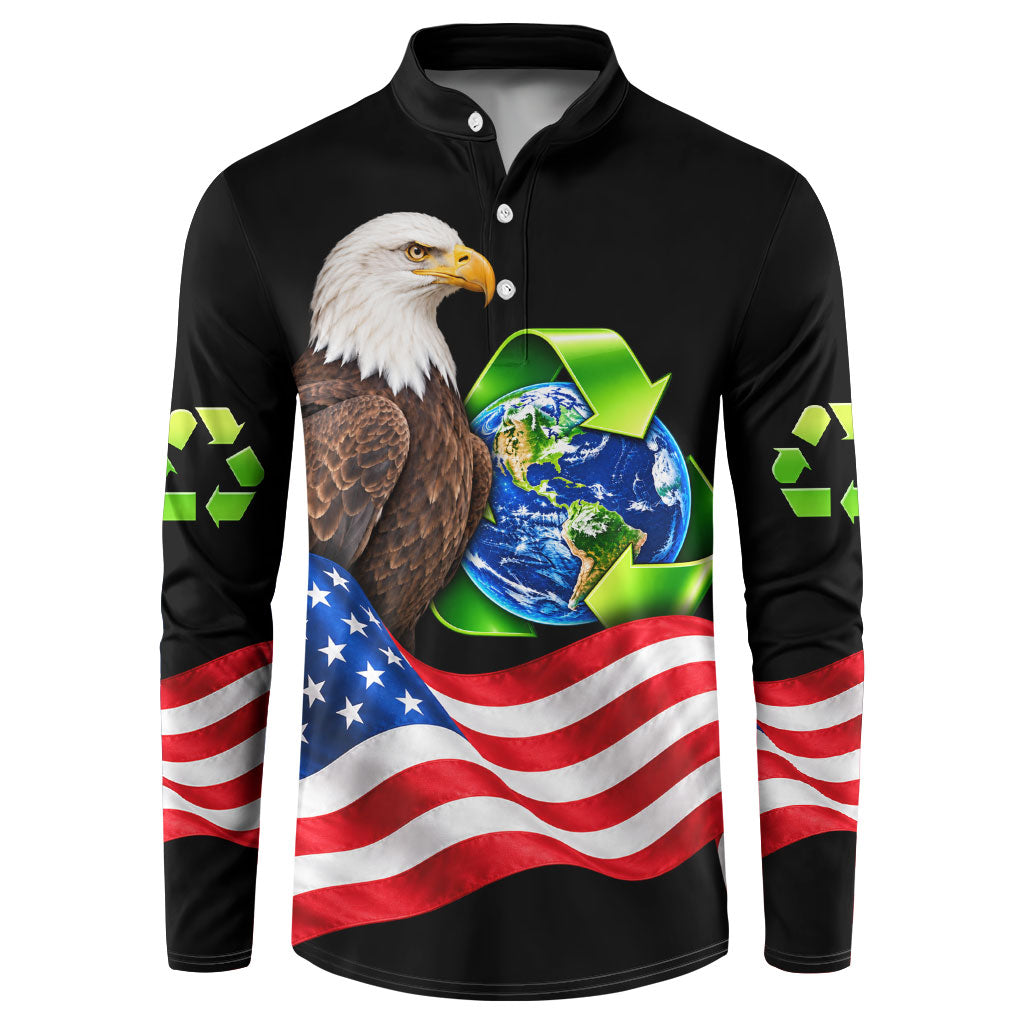 Recycling Day Bald Eagle Button Sweatshirt American Flag And Earth Green Recycle