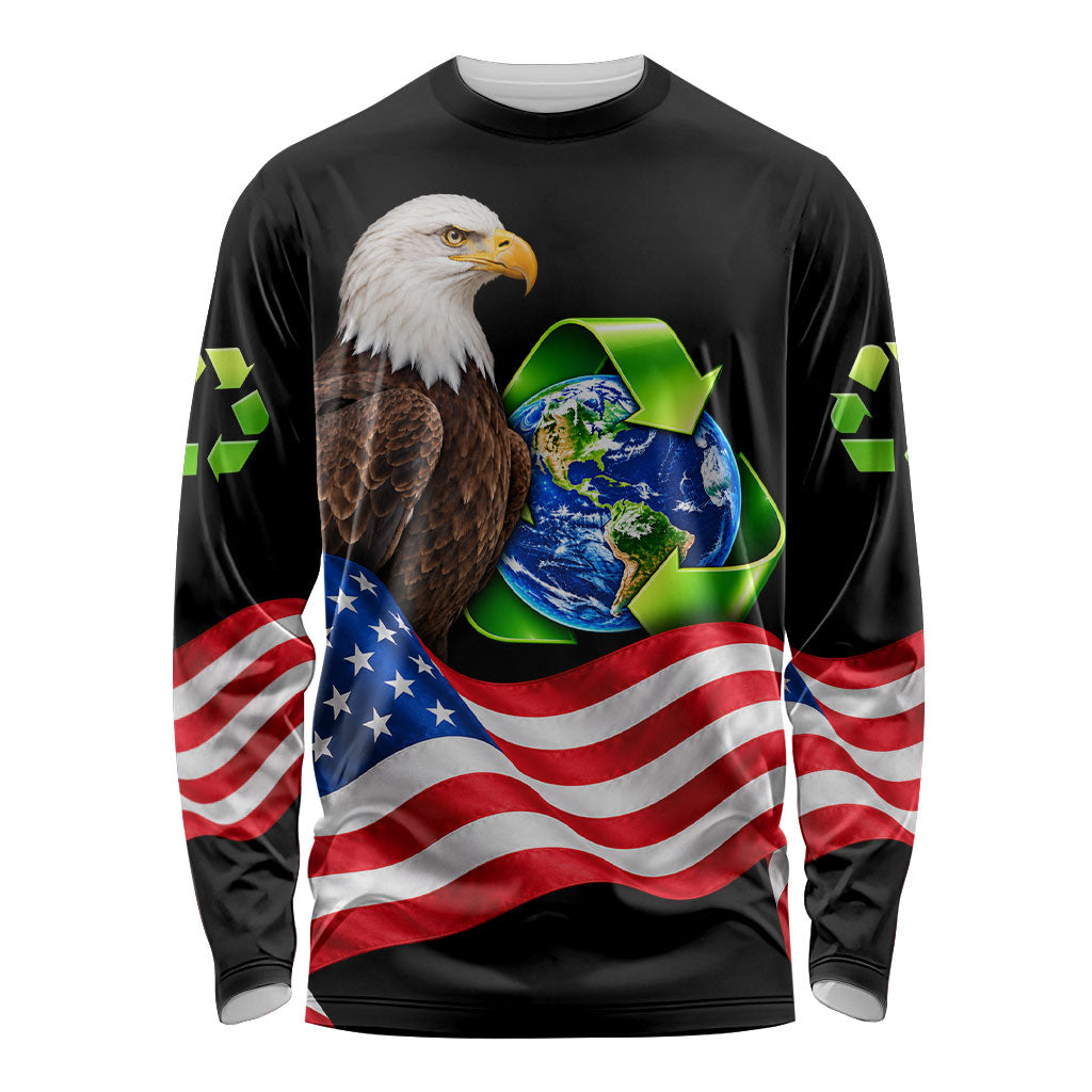 Recycling Day Bald Eagle Long Sleeve Shirt American Flag And Earth Green Recycle