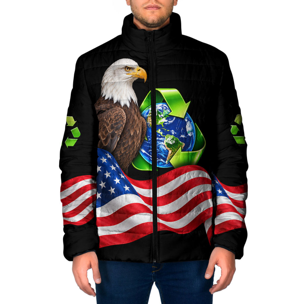 Recycling Day Bald Eagle Padded Jacket American Flag And Earth Green Recycle