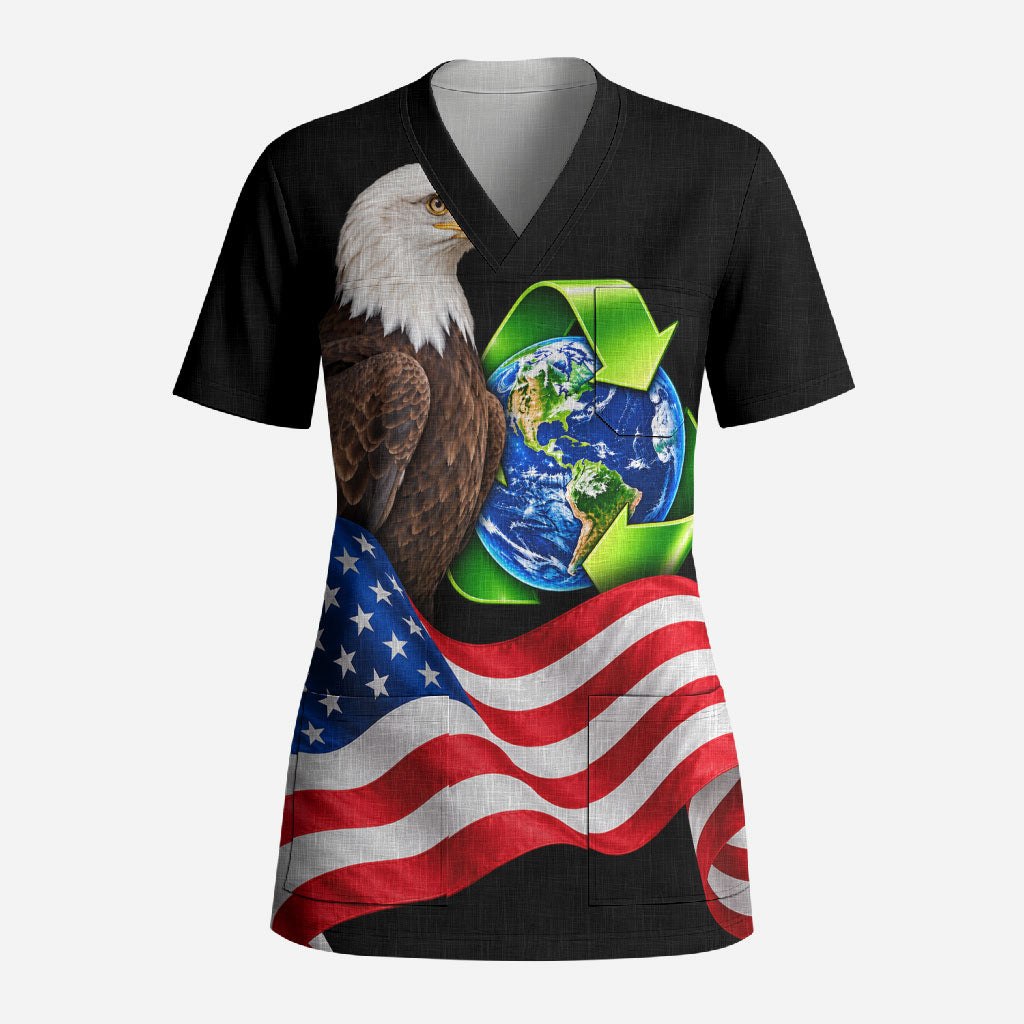Recycling Day Bald Eagle Scrub Top American Flag And Earth Green Recycle