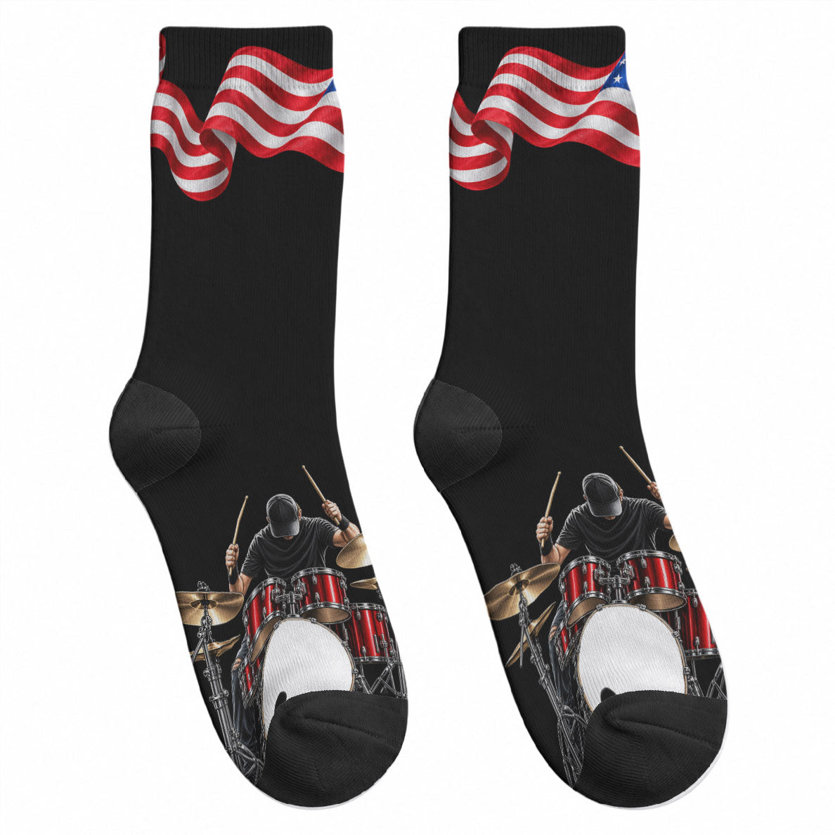 US Drummer Day Crew Socks American Flag And Drum Set