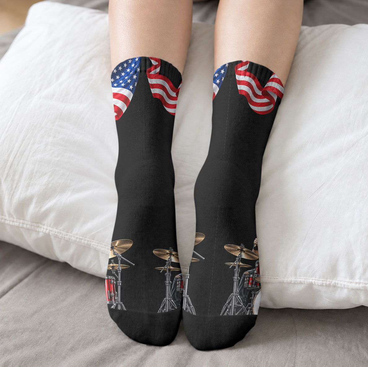 US Drummer Day Crew Socks American Flag And Drum Set
