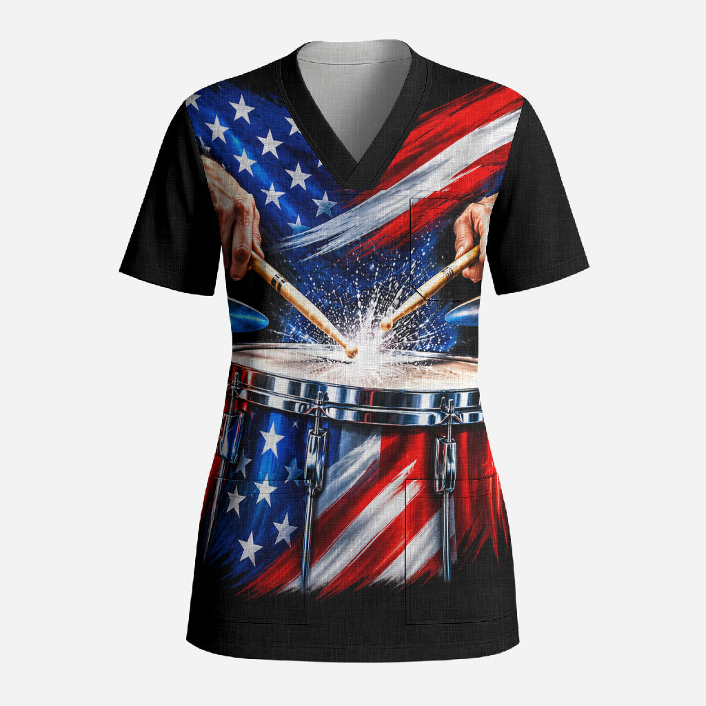 US Drummer Day Scrub Top American Flag Snare Drum Splash