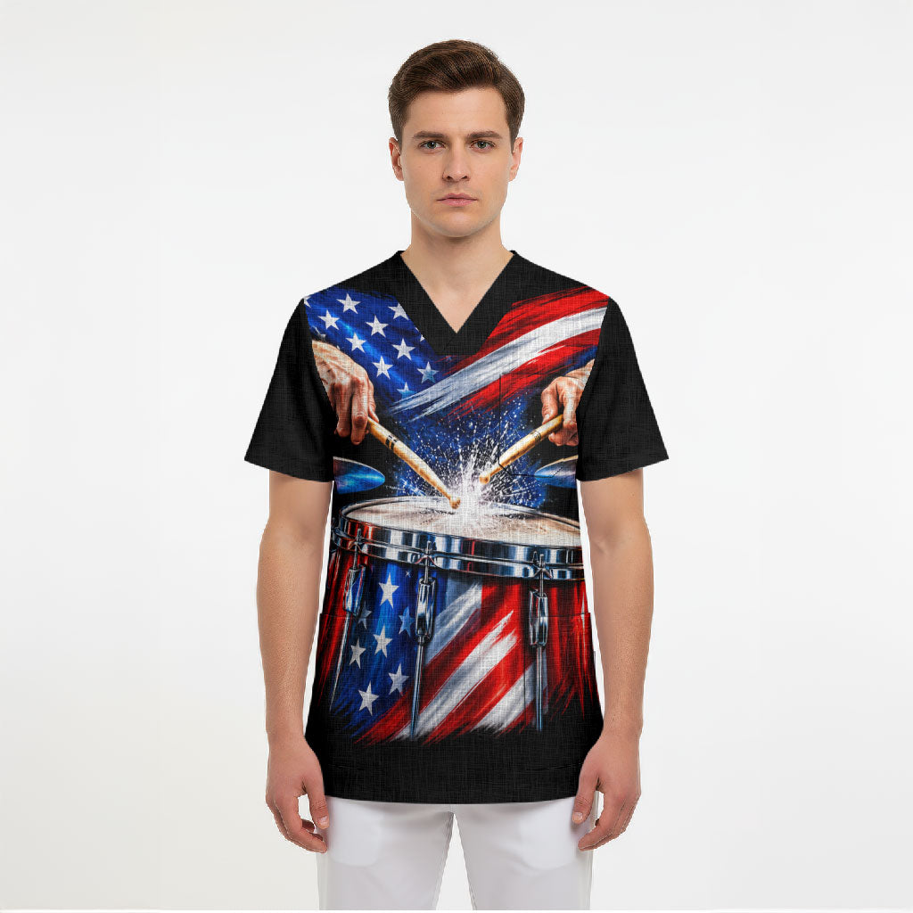 US Drummer Day Scrub Top American Flag Snare Drum Splash