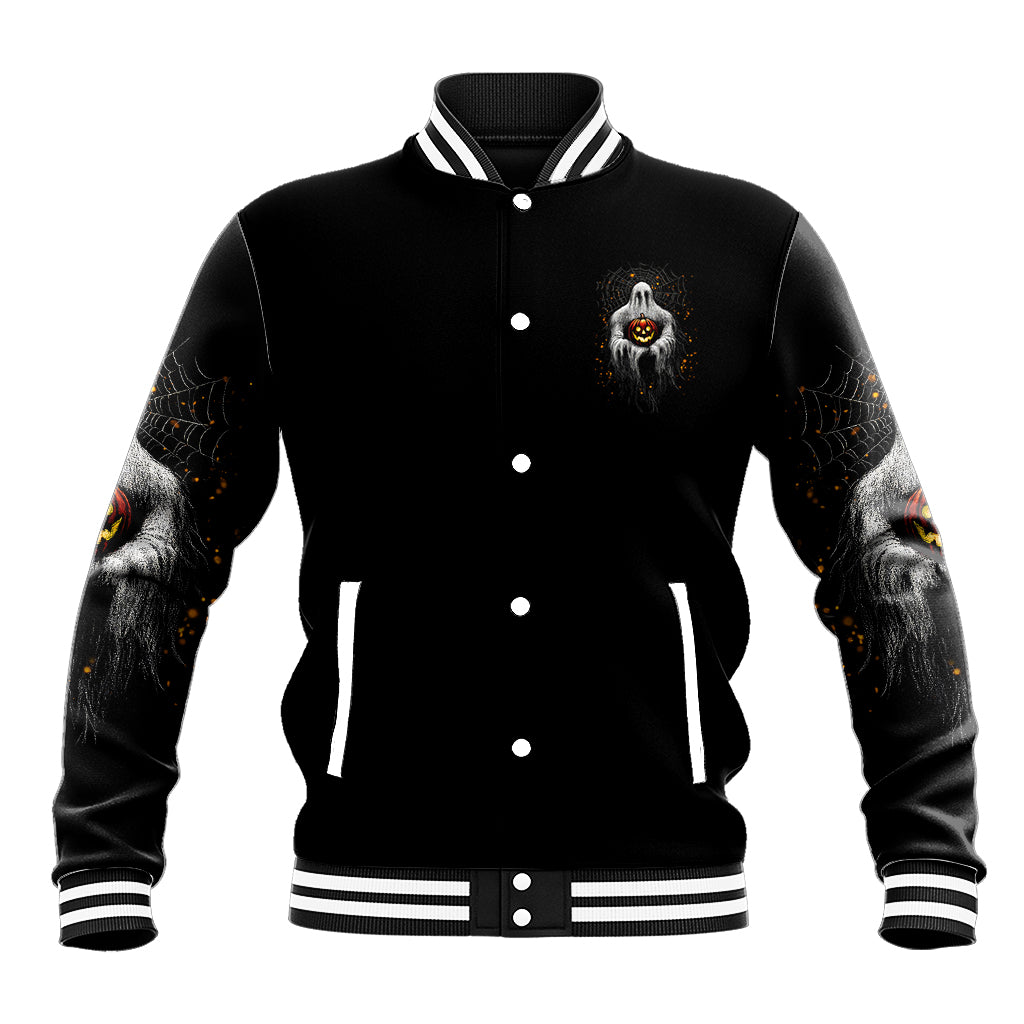 Black unisex baseball jacket with front snap buttons and ghost face with jack-o-lantern patch
