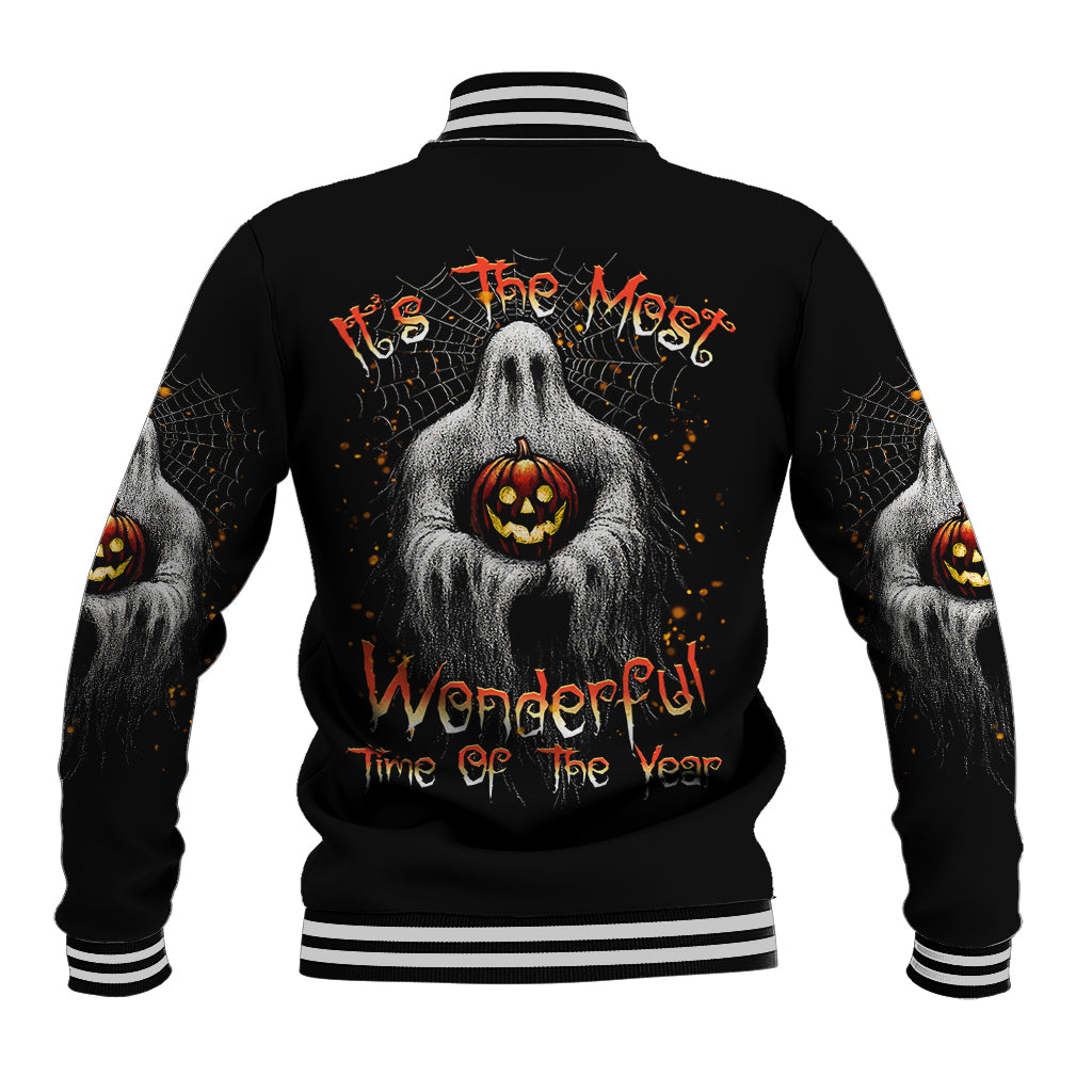 Black unisex baseball jacket with ghost, jack-o-lantern back graphic and striped rib trim