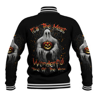 Black unisex baseball jacket with ghost, jack-o-lantern back graphic and striped rib trim