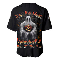 Black Halloween baseball jersey with ghost and jack-o-lantern graphic, button-front