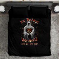 Black Halloween duvet cover with ghost and pumpkin, “Wonderful! Time of the Year” print