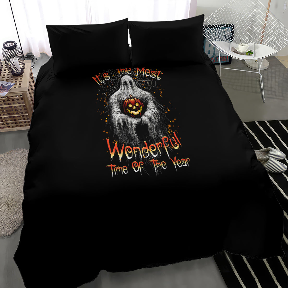 Black Halloween bedding set featuring a ghost and jack-o'-lantern, “Wonderful! Time of the Year”
