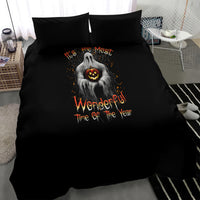 Black Halloween bedding set featuring a ghost and jack-o'-lantern, “Wonderful! Time of the Year”