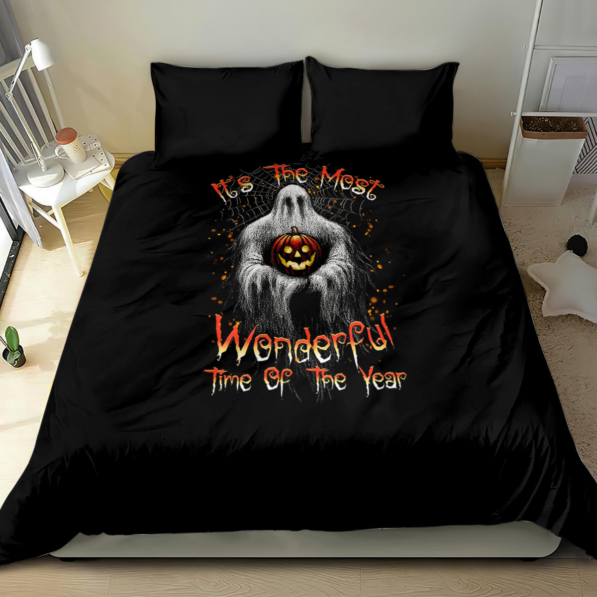 Black Halloween bedding set with centered ghost holding pumpkin, orange “Wonderful! Time of the Year”
