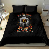 Black Halloween bedding set with centered ghost holding pumpkin, orange “Wonderful! Time of the Year”