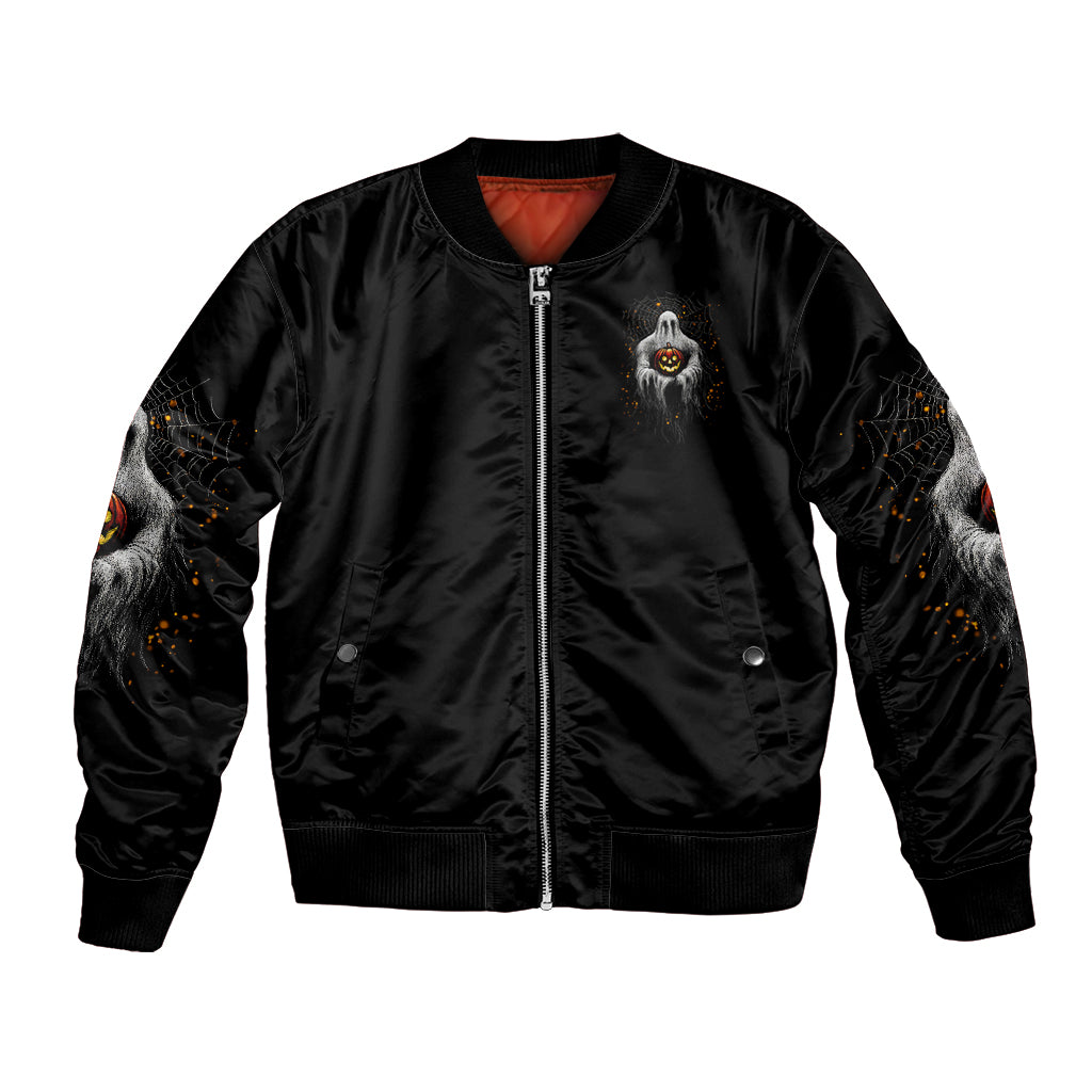Unisex Halloween bomber jacket, black satin front with zipper and ghost-pumpkin patch