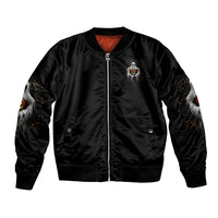 Unisex Halloween bomber jacket, black satin front with zipper and ghost-pumpkin patch