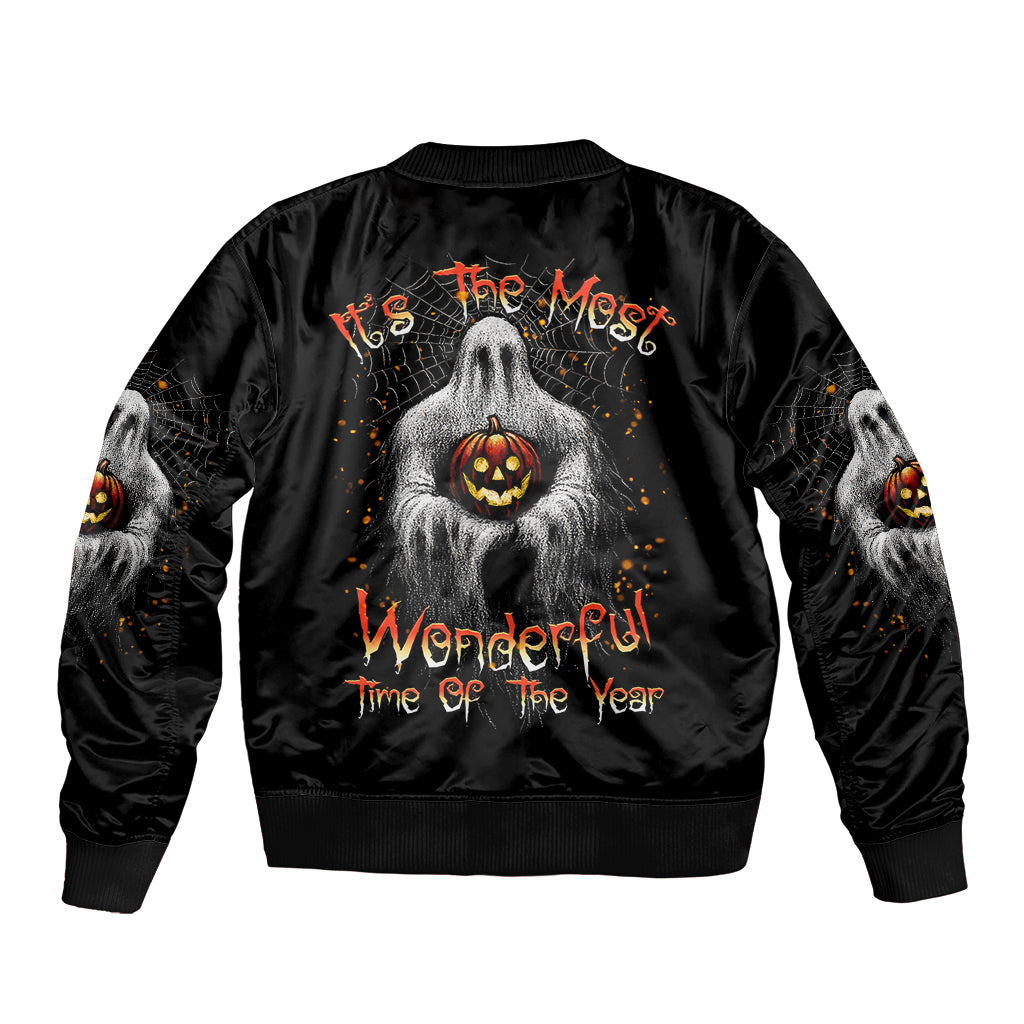 Unisex Halloween bomber jacket, black satin with ghost holding pumpkin back graphic