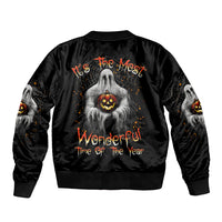 Unisex Halloween bomber jacket, black satin with ghost holding pumpkin back graphic