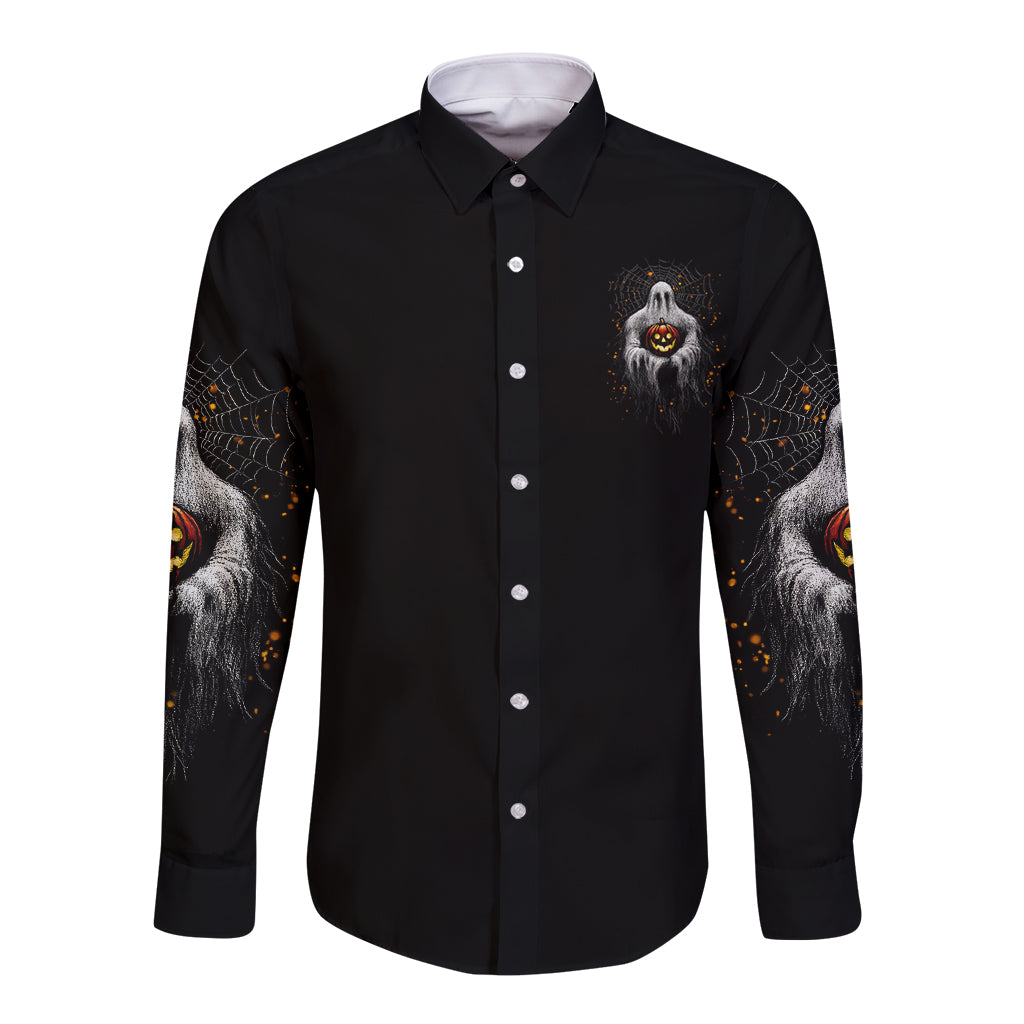 Halloween long-sleeve button shirt, black front with ghost pumpkin chest graphic