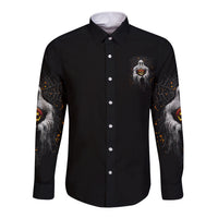 Halloween long-sleeve button shirt, black front with ghost pumpkin chest graphic