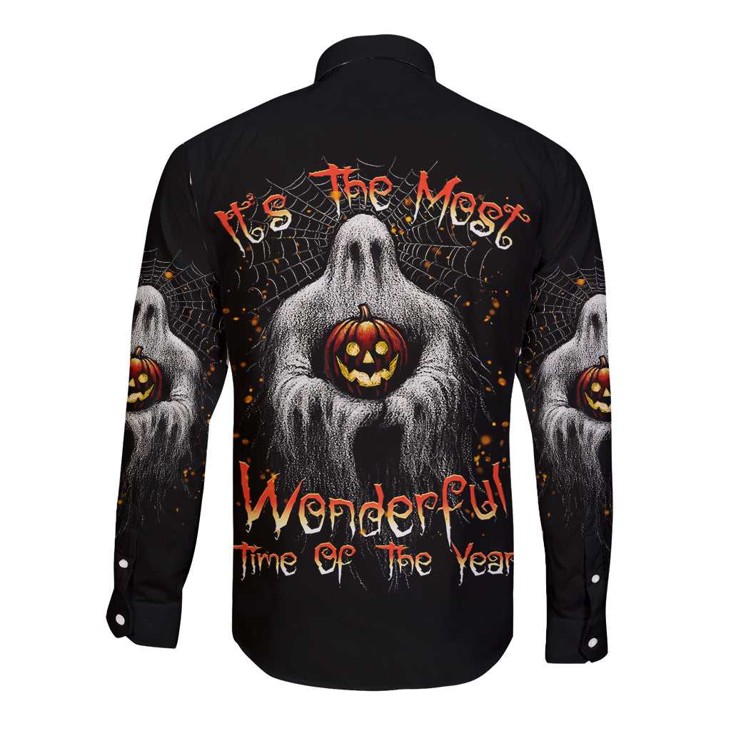Halloween long-sleeve button shirt, black back with ghost, jack-o-lantern graphic