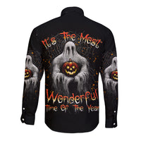 Halloween long-sleeve button shirt, black back with ghost, jack-o-lantern graphic