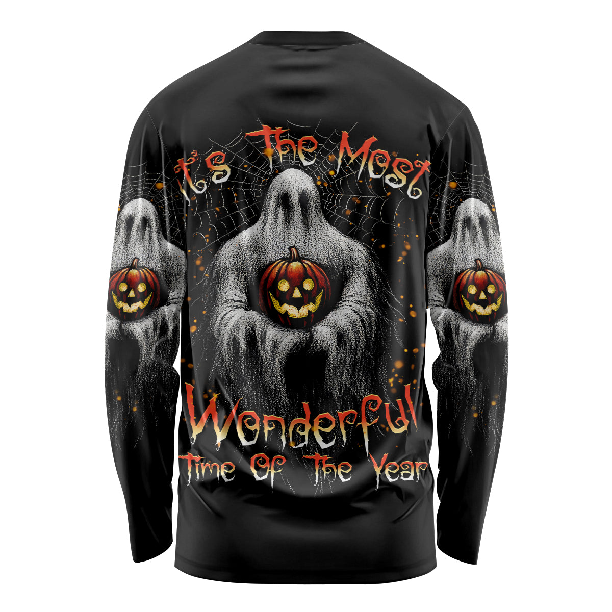 Black long-sleeve Halloween shirt, ghostly hands with jack-o’-lanterns and orange text
