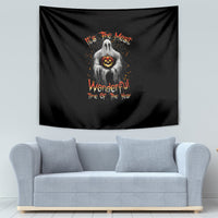 Black Halloween tapestry with a ghost holding a glowing jack-o'-lantern and orange typography.