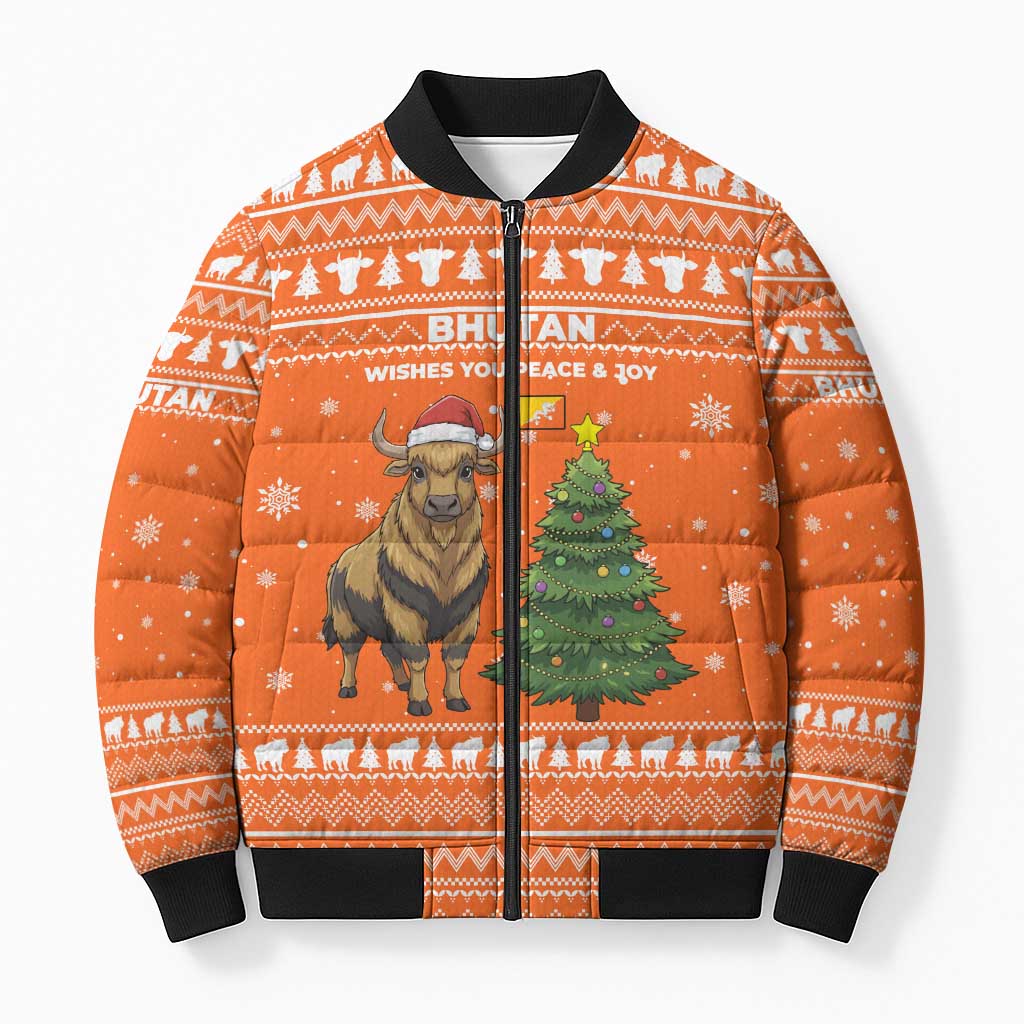Bhutan Christmas Bomber Puffer Jacket with Takin Santa Hat Christmas Tree and Snowflake Pattern in Orange - Wonder Print Shop