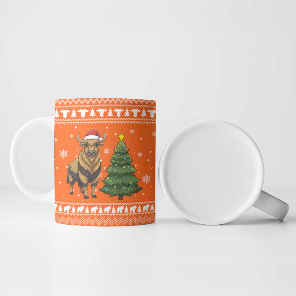 Bhutan Christmas Ceramic Mug with Takin Santa Hat Christmas Tree and Snowflake Pattern in Orange - Wonder Print Shop