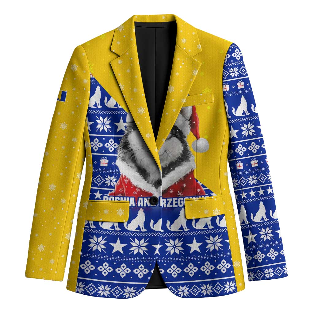 Bosnia and Herzegovina Christmas Blazer with Husky Dog Santa Hat and Blue Yellow Snowflake Pattern - Wonder Print Shop