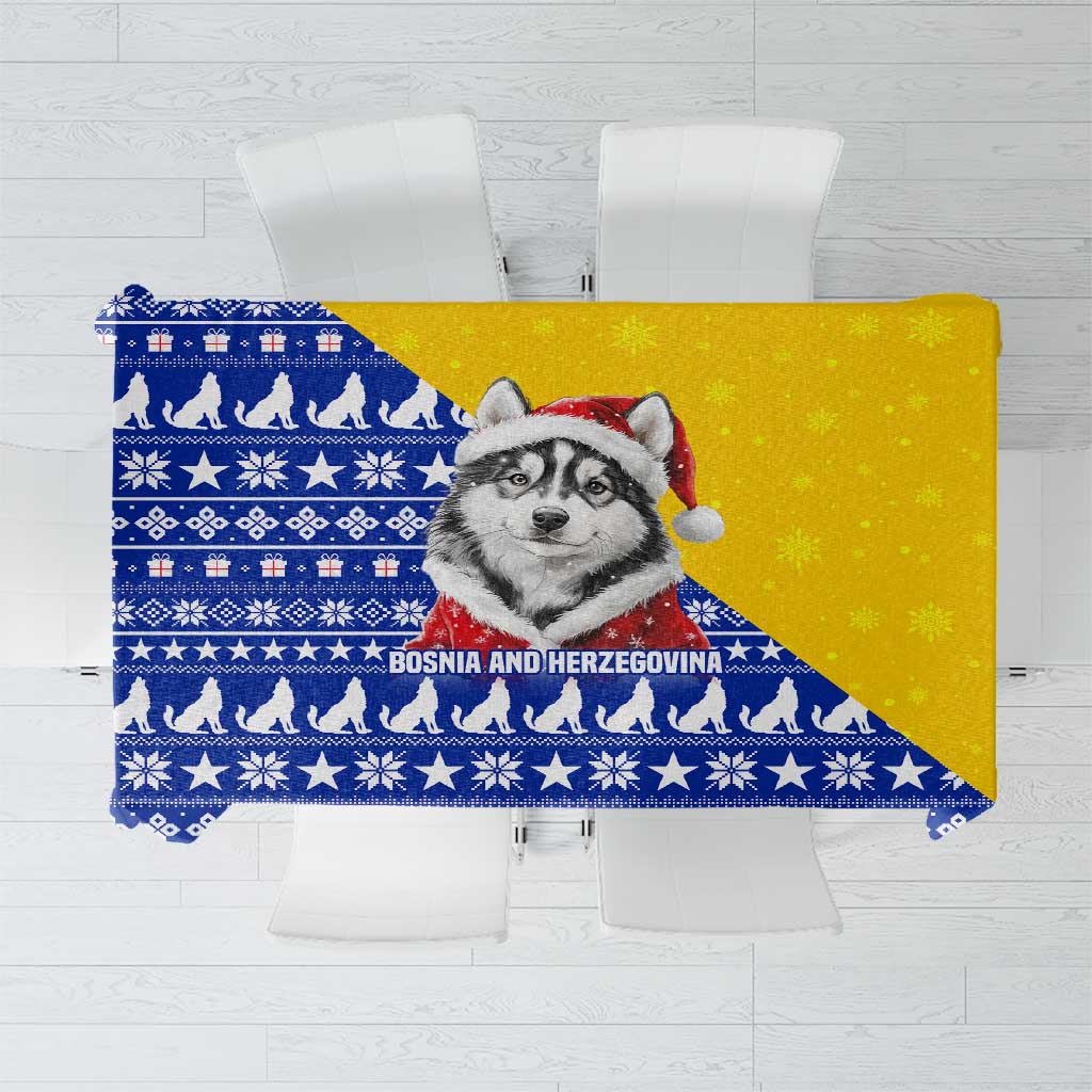Bosnia and Herzegovina Christmas Tablecloth with Husky Dog Santa Hat and Blue Yellow Snowflake Pattern - Wonder Print Shop