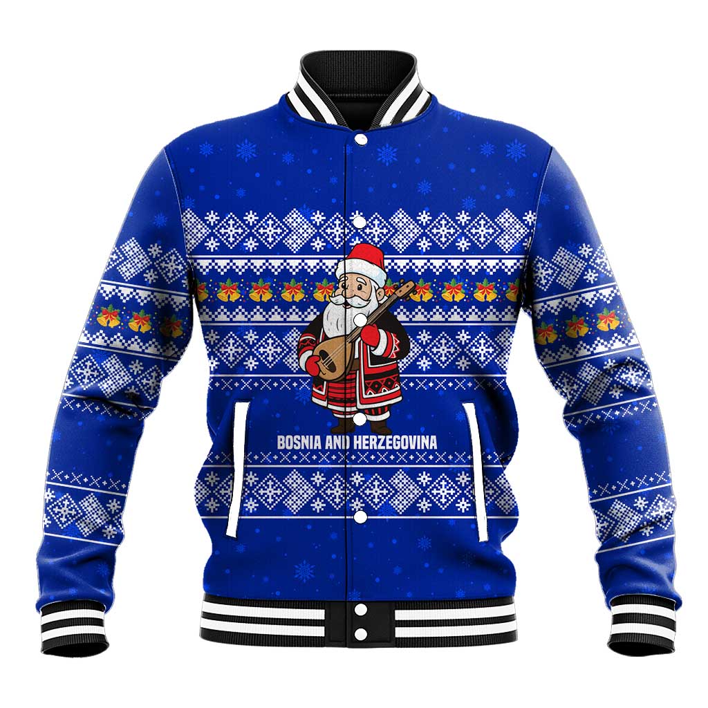 Bosnia and Herzegovina Christmas Baseball Jacket with Santa Playing Traditional Instrument and Blue Snowflake Pattern - Wonder Print Shop