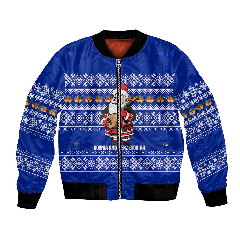 Bosnia and Herzegovina Christmas Bomber Jacket with Santa Playing Traditional Instrument and Blue Snowflake Pattern - Wonder Print Shop