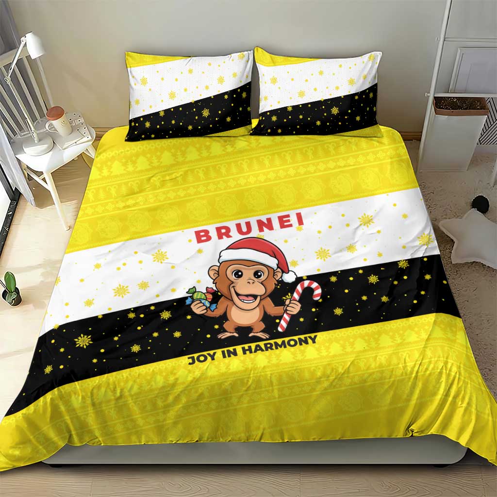 Brunei Christmas Bedding Set with Cartoon Monkey Santa Hat Candy Cane and Yellow Black Flag Pattern - Wonder Print Shop