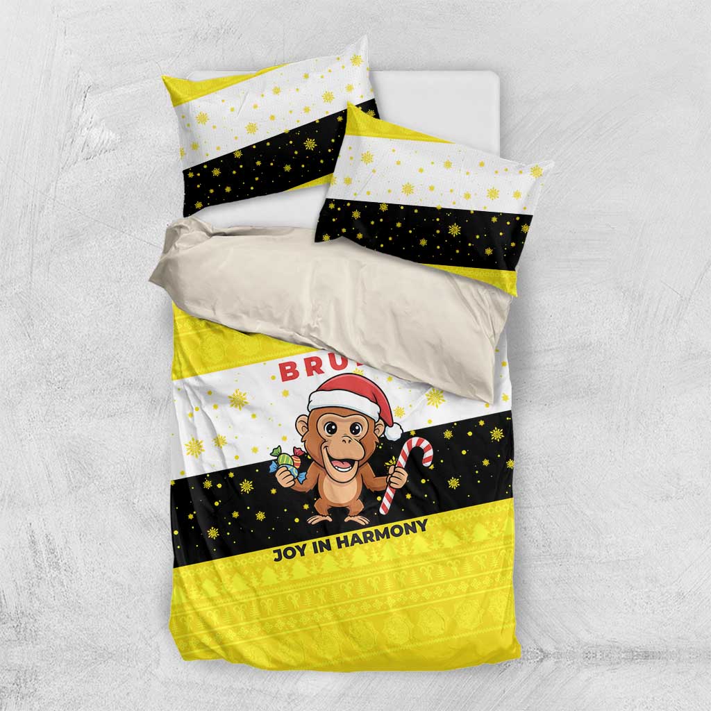 Brunei Christmas Bedding Set with Cartoon Monkey Santa Hat Candy Cane and Yellow Black Flag Pattern - Wonder Print Shop