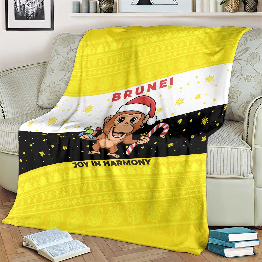 Brunei Christmas Blanket with Cartoon Monkey Santa Hat Candy Cane and Yellow Black Flag Pattern - Wonder Print Shop