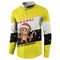 Brunei Christmas Button Sweatshirt with Cartoon Monkey Santa Hat Candy Cane and Yellow Black Flag Pattern - Wonder Print Shop
