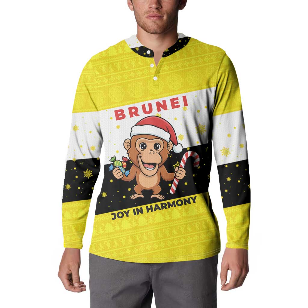 Brunei Christmas Button Sweatshirt with Cartoon Monkey Santa Hat Candy Cane and Yellow Black Flag Pattern - Wonder Print Shop