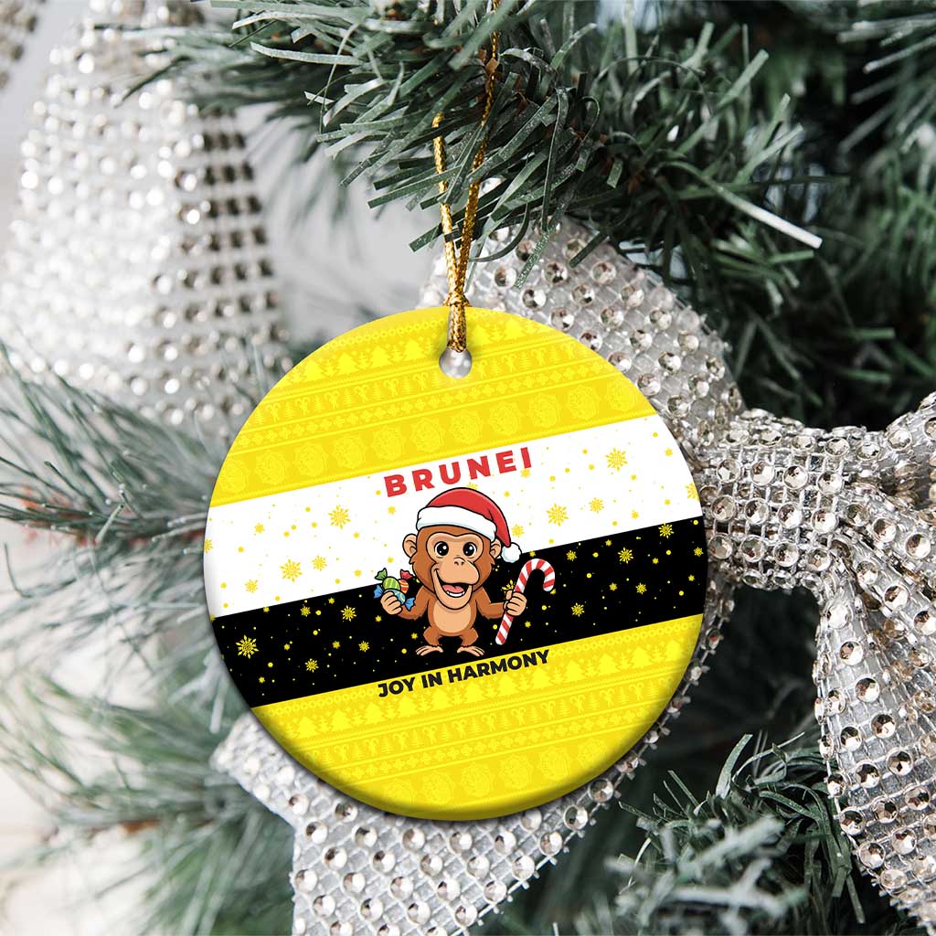 Brunei Christmas Ceramic Ornament with Cartoon Monkey Santa Hat Candy Cane and Yellow Black Flag Pattern - Wonder Print Shop