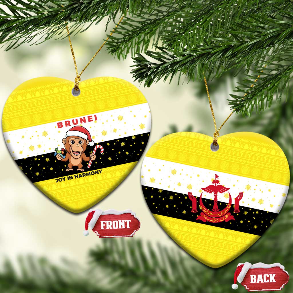 Brunei Christmas Ceramic Ornament with Cartoon Monkey Santa Hat Candy Cane and Yellow Black Flag Pattern - Wonder Print Shop