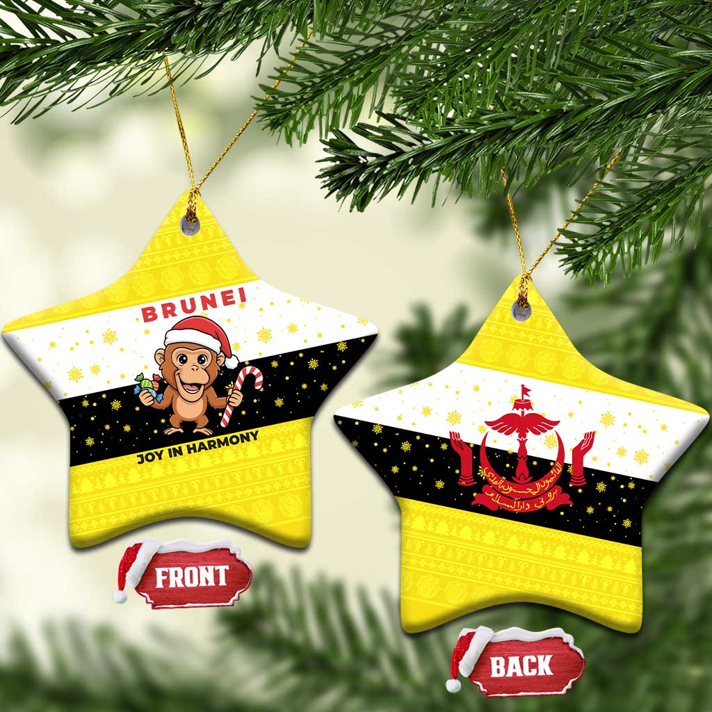 Brunei Christmas Ceramic Ornament with Cartoon Monkey Santa Hat Candy Cane and Yellow Black Flag Pattern - Wonder Print Shop