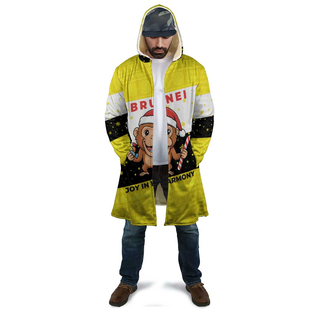 Brunei Christmas Cloak with Cartoon Monkey Santa Hat Candy Cane and Yellow Black Flag Pattern - Wonder Print Shop