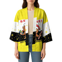 Brunei Christmas Kimono with Cartoon Monkey Santa Hat Candy Cane and Yellow Black Flag Pattern - Wonder Print Shop