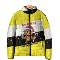 Brunei Christmas Padded Jacket with Cartoon Monkey Santa Hat Candy Cane and Yellow Black Flag Pattern - Wonder Print Shop