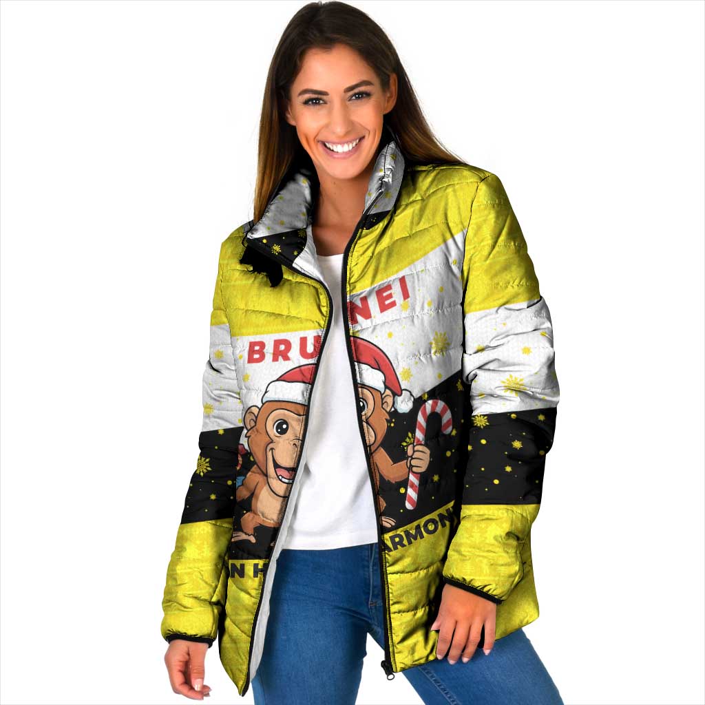 Brunei Christmas Padded Jacket with Cartoon Monkey Santa Hat Candy Cane and Yellow Black Flag Pattern - Wonder Print Shop
