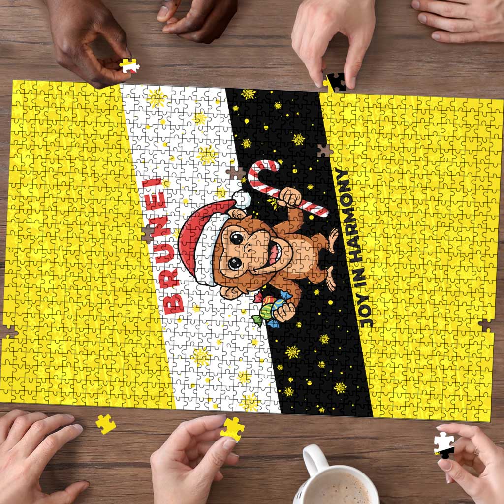 Brunei Christmas Puzzle with Cartoon Monkey Santa Hat Candy Cane and Yellow Black Flag Pattern - Wonder Print Shop