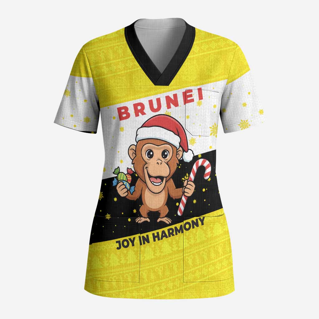 Brunei Christmas Scrub Top with Cartoon Monkey Santa Hat Candy Cane and Yellow Black Flag Pattern - Wonder Print Shop